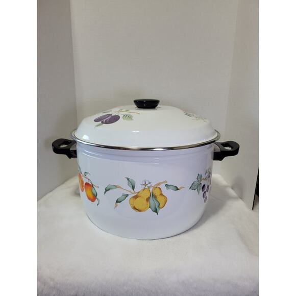 VINTAGE XL TABLETOPS UNLIMITED Stock Pot Porcelain Enamelware Fruit Theme - Picture 3 of 11